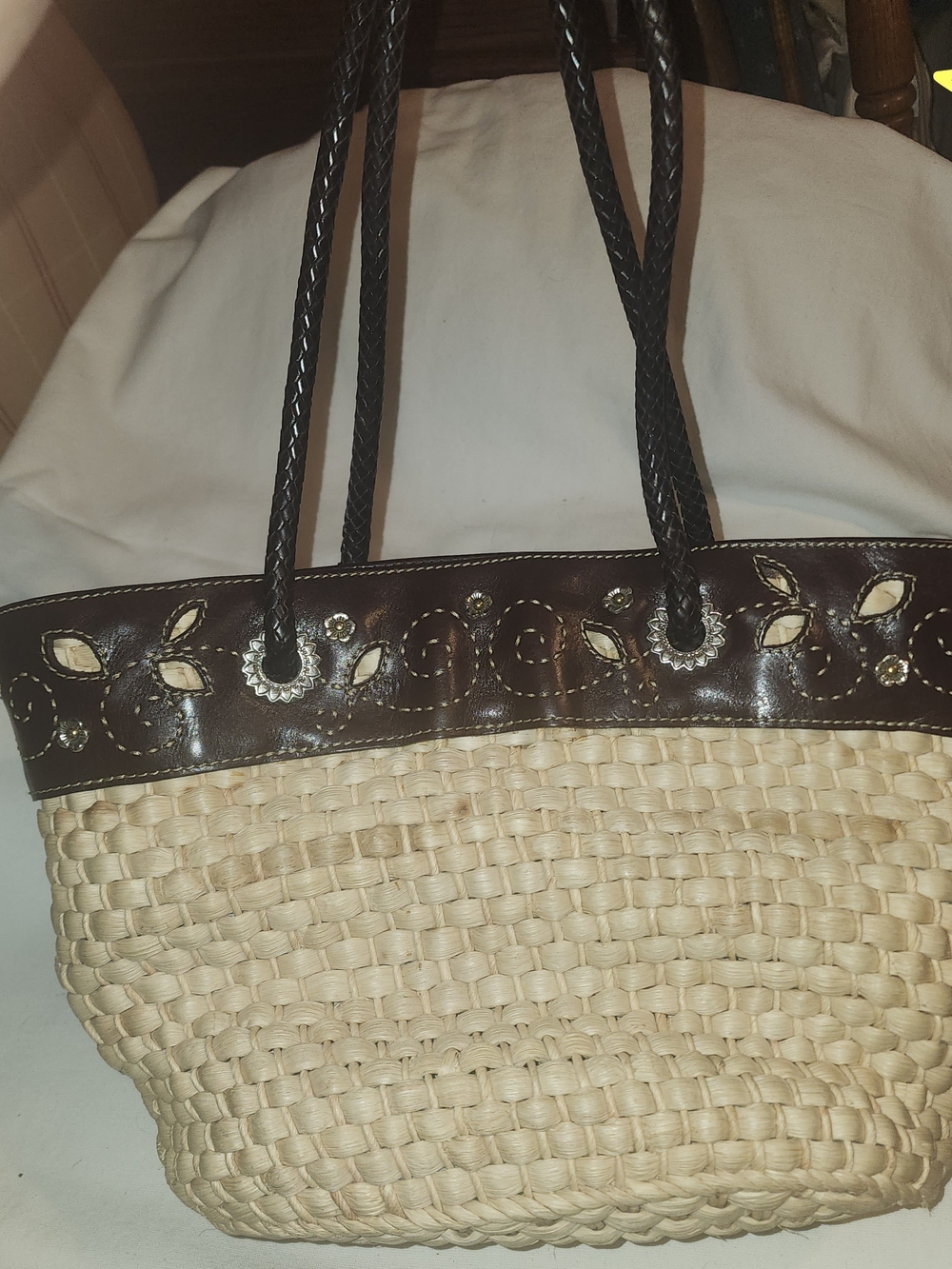 Brighton Woven Straw Leather Tote Bag Silver Heart Charm Stud Embellished